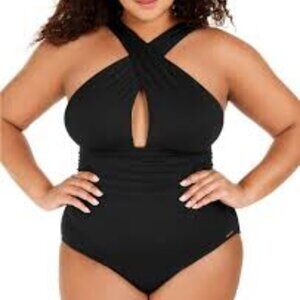 NWT! Michael Kors Black High Neck Crossover One Piece Swimsuit NEW!